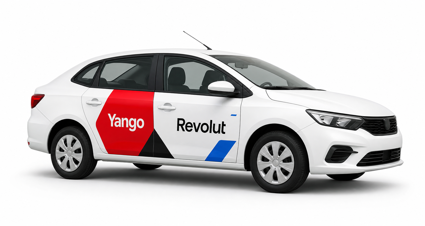 Econom car branding preview with four branded doors, first side view
